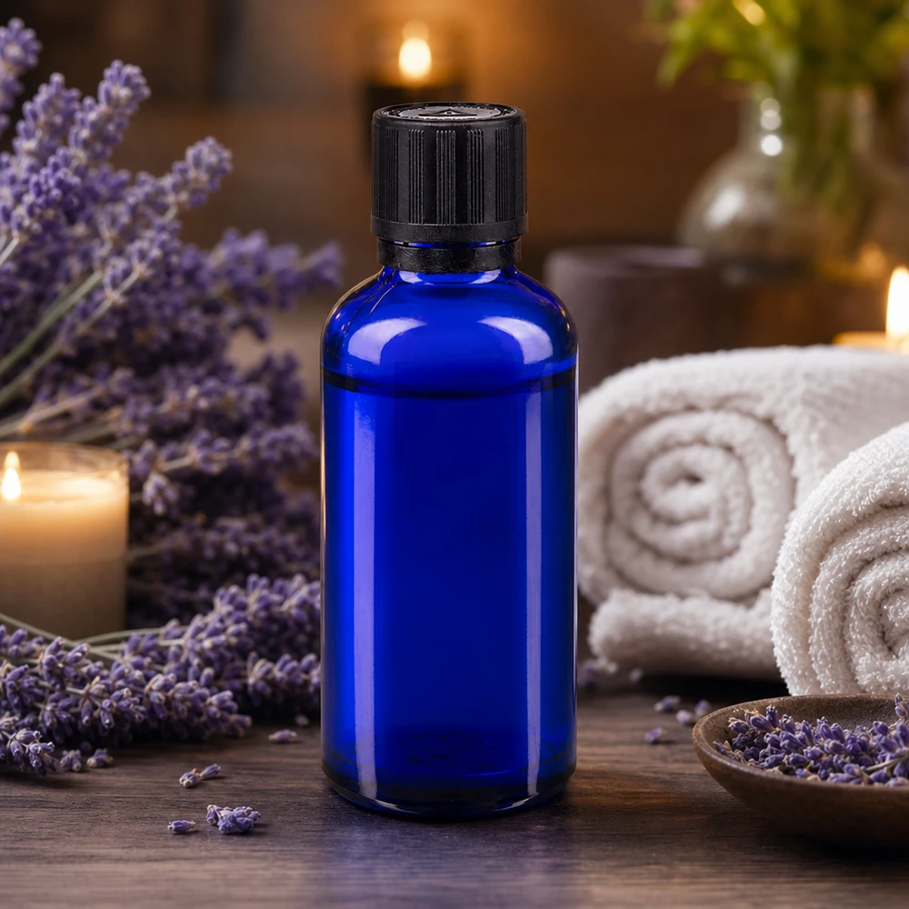 Blå glasflaske på 50 ml med dråbeflaske mellem lavendelblomster og wellness-tilbehør