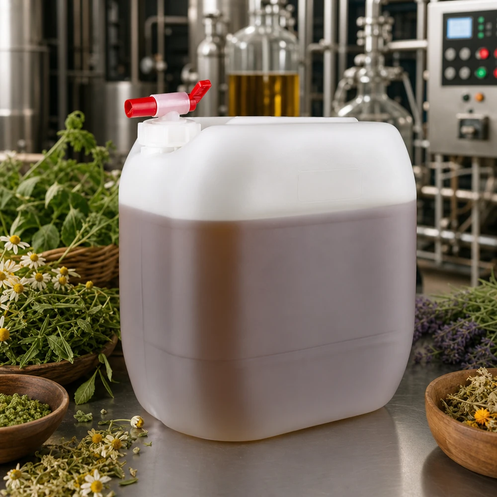 Beholder 30 liter med aftapningshane 30-liters dunk med udløbshane omgivet af friske urter og et destillationsanlæg