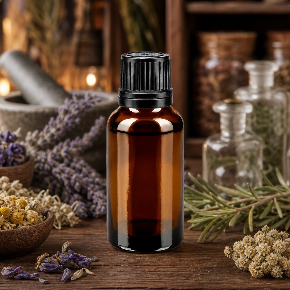 Apoteksflaske brun 20ml skruelåg sort hælde r. OV En ravfarvet glasflaske på 20 ml med sort OV-låg, omgivet af lavendel og lægeurter