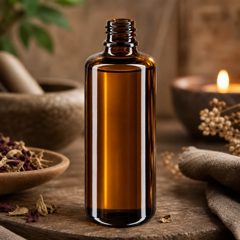 Flaske i violet glas 100 ml DIN 18 (Mironglas) Kompakt 100 ml Orion-dråbeflaske lavet af UV-beskyttende Miron violet glas til aromaterapi og naturopati