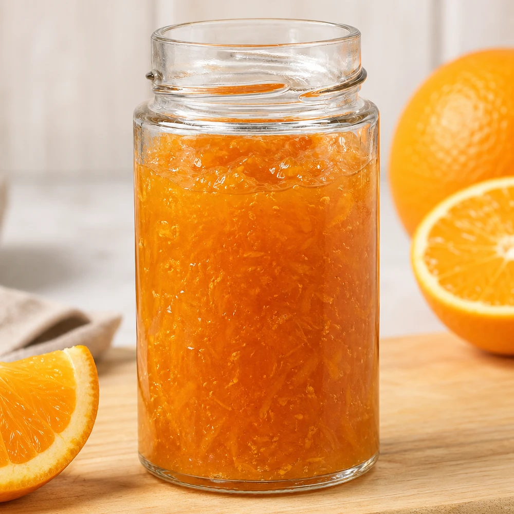 UNiTWIST Runda245 - Rund krukke med en kapacitet på 245 ml TO58deep UNiTWIST Runda245 rundt glas 245 ml fyldt med appelsinmarmelade på en træplade ved siden af friske appelsinskiver
