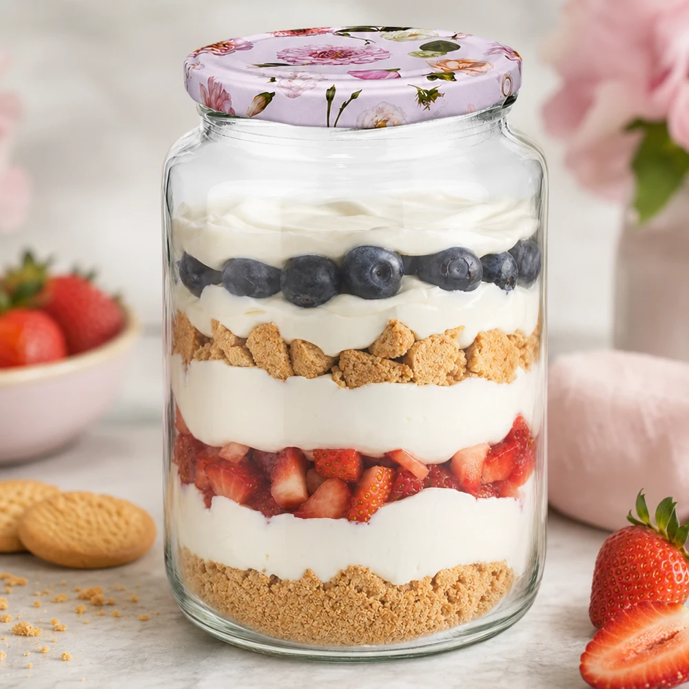 795 ml rund krukke + BasicSeal låg, lyserød UNiTWIST 795 ml rund krukke med lagdelt dessert yoghurt bær kiks BasicSeal låg pink blomster dessertkrukke køkken