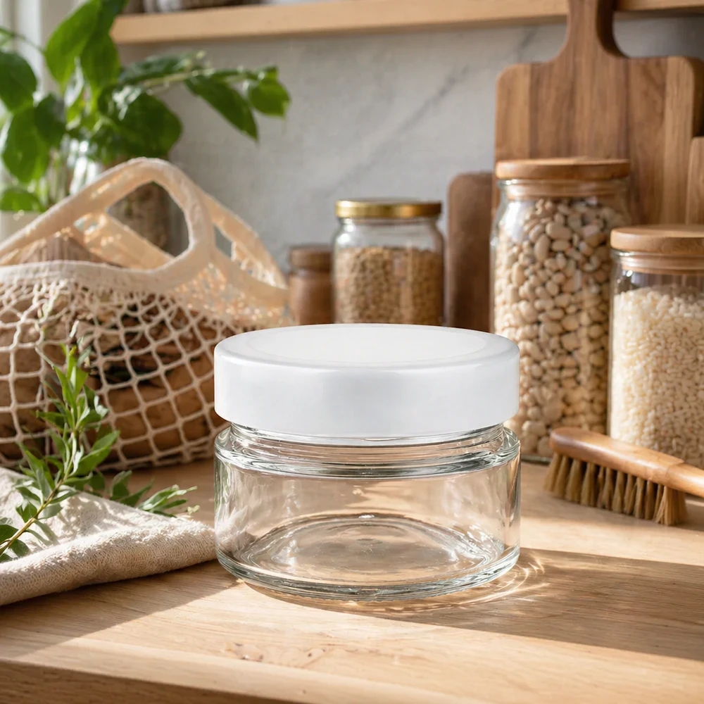 80 ml rund krukke med BasicSeal-låg hvid dyb UNiTWIST 80ml Rundglas mit BasicSeal Deckel auf Holzbrett in nachhaltiger Zero-Waste-Küche mit Vorratsglasern