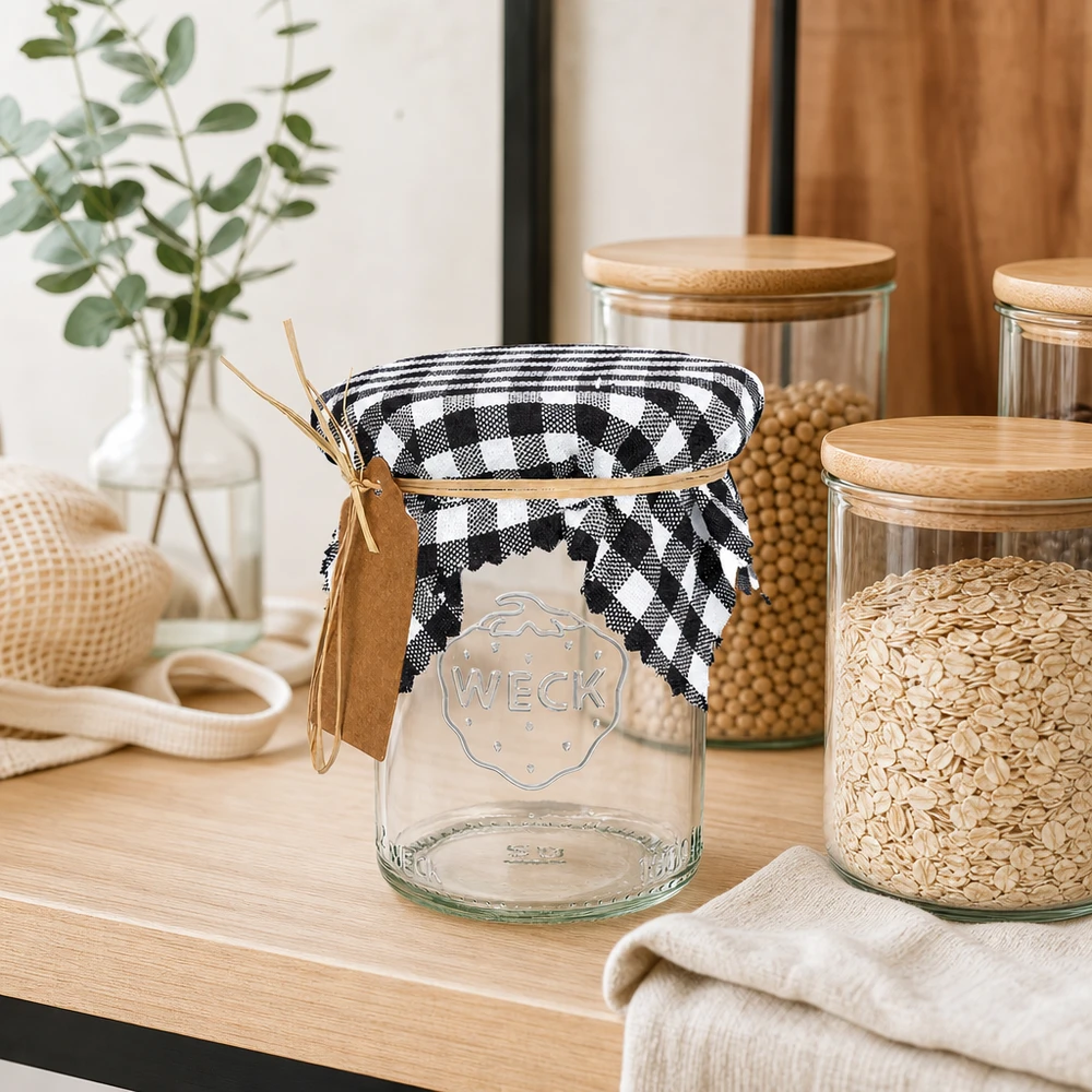 Stofdækkeserviet ternet hvid/sort 120x120mm firkantet Henkogningskrukke med sort ternet stoflåg og raffia-sløjfe på en træhylde ved siden af opbevaringskrukker med morgenmadsprodukter