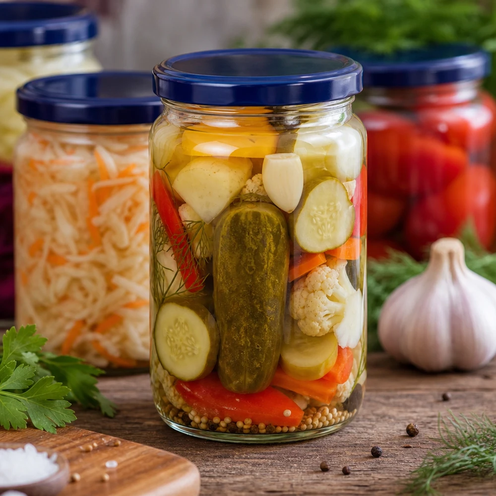 795 ml rund krukke + BasicSeal-låg blå UNiTWIST 795ml Rundglas mit blauem UNiTWIST Deckel gefüllt mit eingelegtem Mischgemüse Gurken und Gewürzen für Fermentation