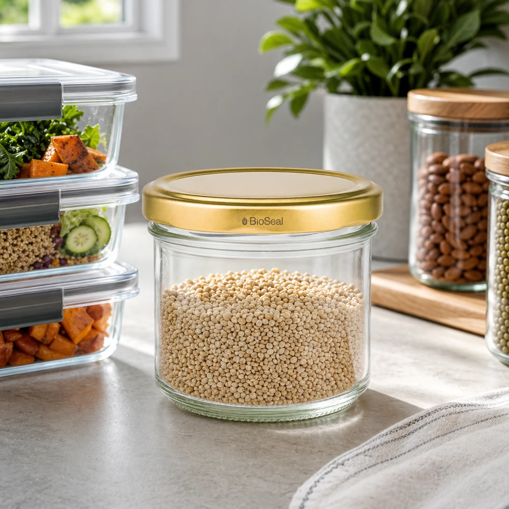 UNiTWIST Lintel125 med guld. Dæksel TO66 BioSeal UNiTWIST 125 ml opbevaringsglas fyldt med quinoa - gyldent TO66-låg i moderne køkken med meal prep-bokse