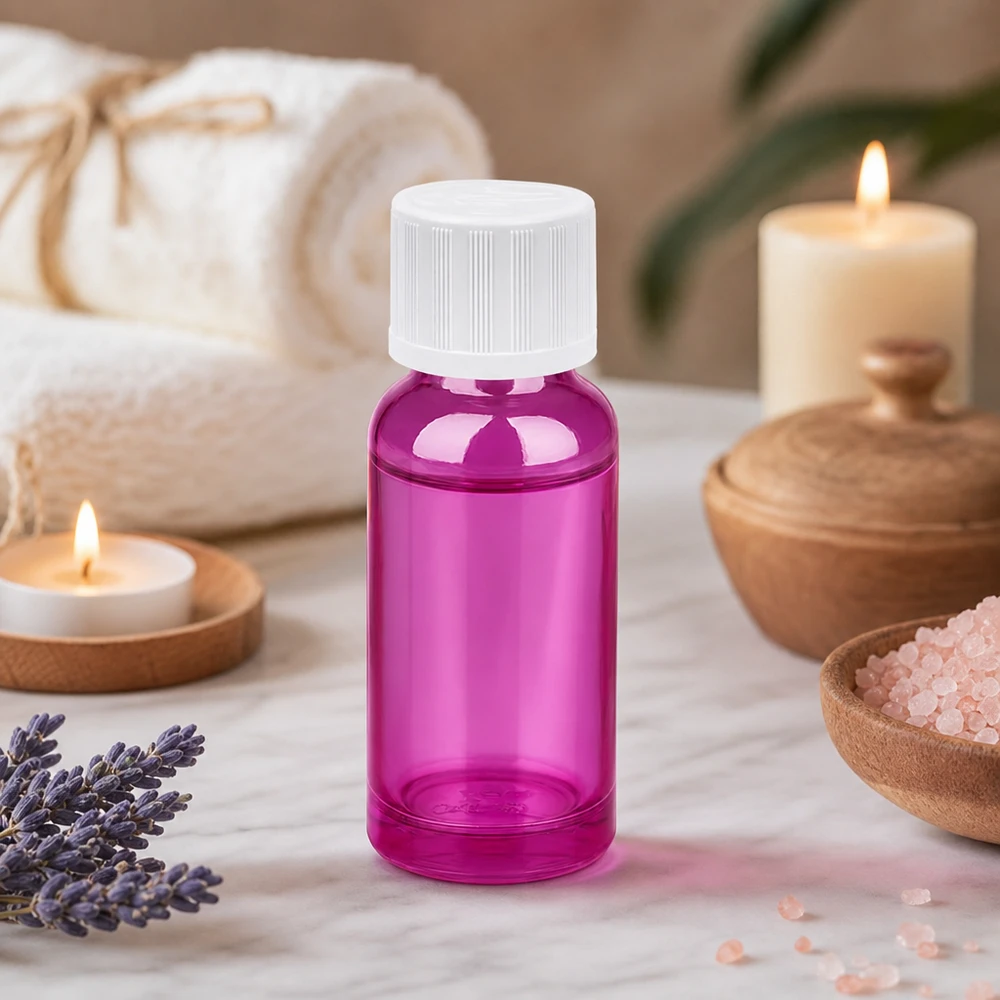 20 ml dråbeflaske 1,2 mm hvid standard børnesikret PurpleLine.UT18/20 Dråbeflaske 20 ml lilla med standardhætte til aromaterapi og wellness-produkter