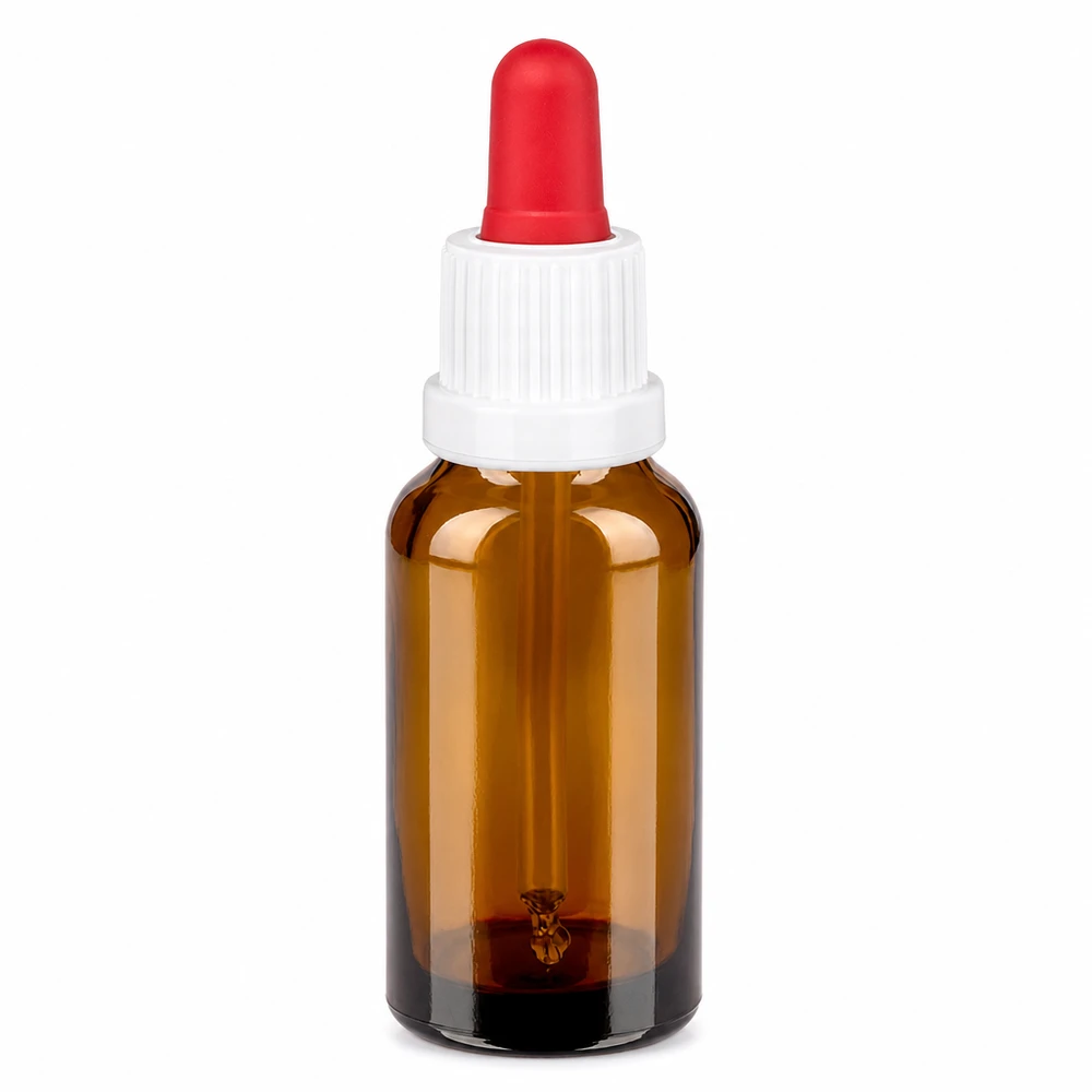 20 ml pipetteflaske hvid/rød OV BrownLine UT18/20 20 ml pipetteflaske brun med hvid hætte og rød pipette til præcis dosering