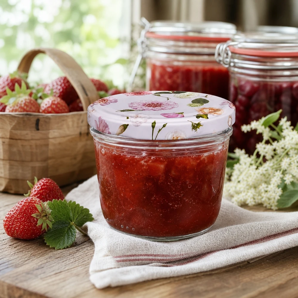 230 ml væltet glas + BasicSeal låg Blume rosa UNiTWIST Jordbærmarmelade i 230 ml glas BasicSeal låg pink blomstermønster marmelade hjemmelavet friske jordbær