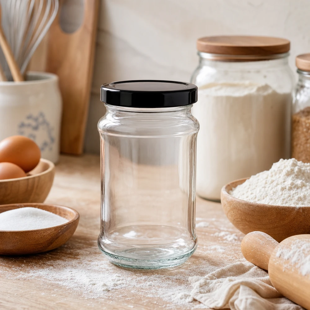 390 ml rund krukke med BasicSeal-låg sort UNiTWIST 390 ml rund krukke med sort BasicSeal-låg i køkkenet med bageingredienser - alsidig opbevaringskrukke til mel og ko