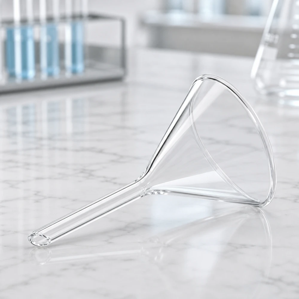 Tragt Ø 55mm sodakalk, vinkel 60°, kort model Præcisionsfremstillet glastragt med en diameter på 55 mm lavet af højkvalitets sodakalkglas til laboratoriebrug
