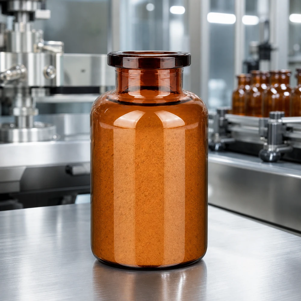 Injektionsflaske af ravfarvet glas 20 ml Zylindrische Injektionsflasche 20ml Braunglas gefüllt mit orangem Lyophilisat