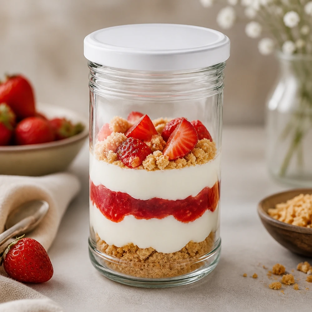 1053 ml Briller med BasicSeal-låg hvid UNiTWIST 1053ml glas som dessertkrukke med jordbær og fløde lagdelt dessert BasicSeal låg hvid dessert i krukke