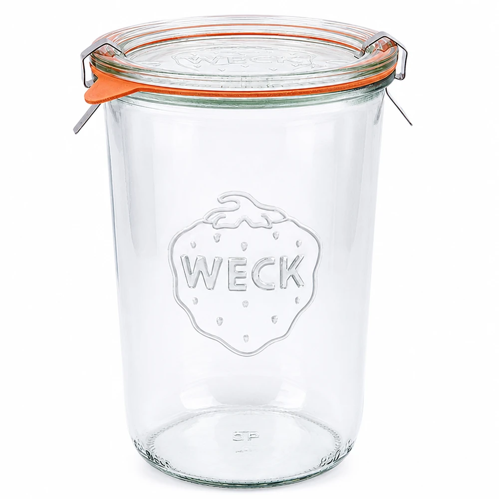 850 ml Briller komplet WECK RR100 WECK RR100 drikkeglas 850 ml med glaslåg, gummiring og klemmer til konservering og opbevaring