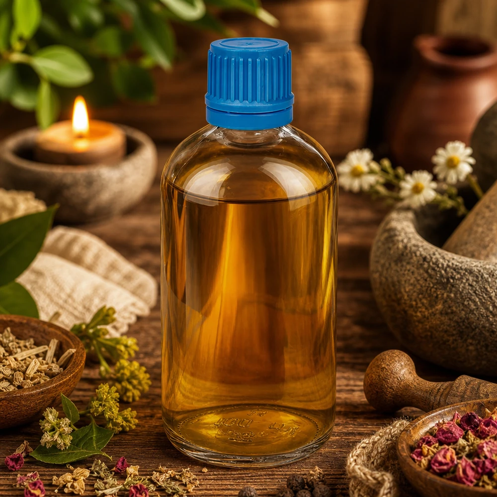 100 ml flaske 11 mm SV blå OV ClearLine UT18/100 Aromatisk 100 ml ClearLine UT18 glasflaske med blå prop blandt urter og lægeplanter