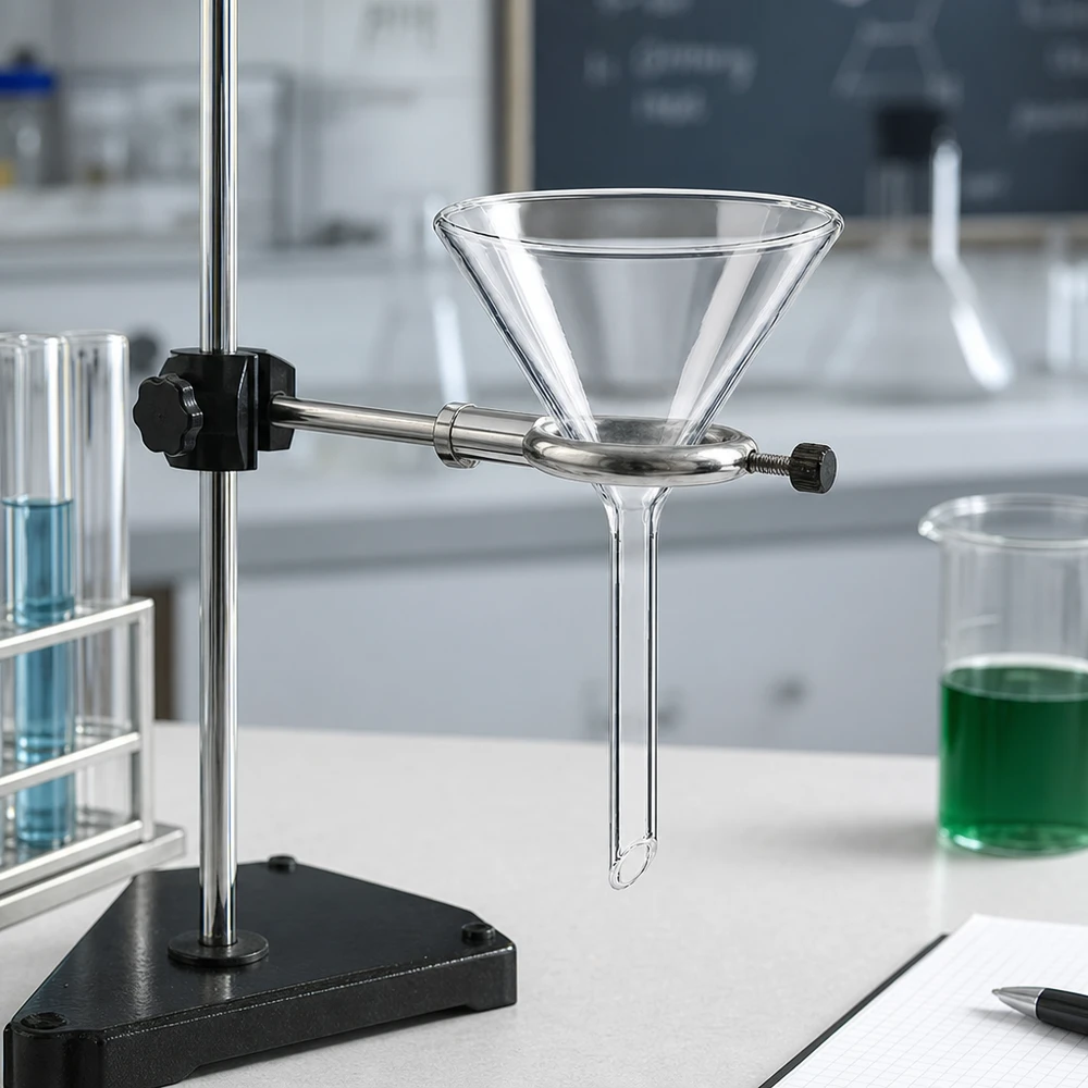 Tragt Ø 60mm sodakalk, vinkel 60°, kort model Laboratorietragt af robust sodakalkglas med kompakt, kort håndtag til pladsbesparende opbevaring