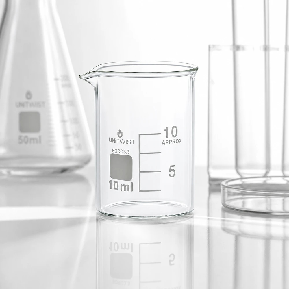 Bæger 10 ml borosilikat, lav form UNiTWIST UNiTWIST 10 ml bægerglas i lav form, fremstillet af varmebestandigt borosilikatglas 3.3 med tud