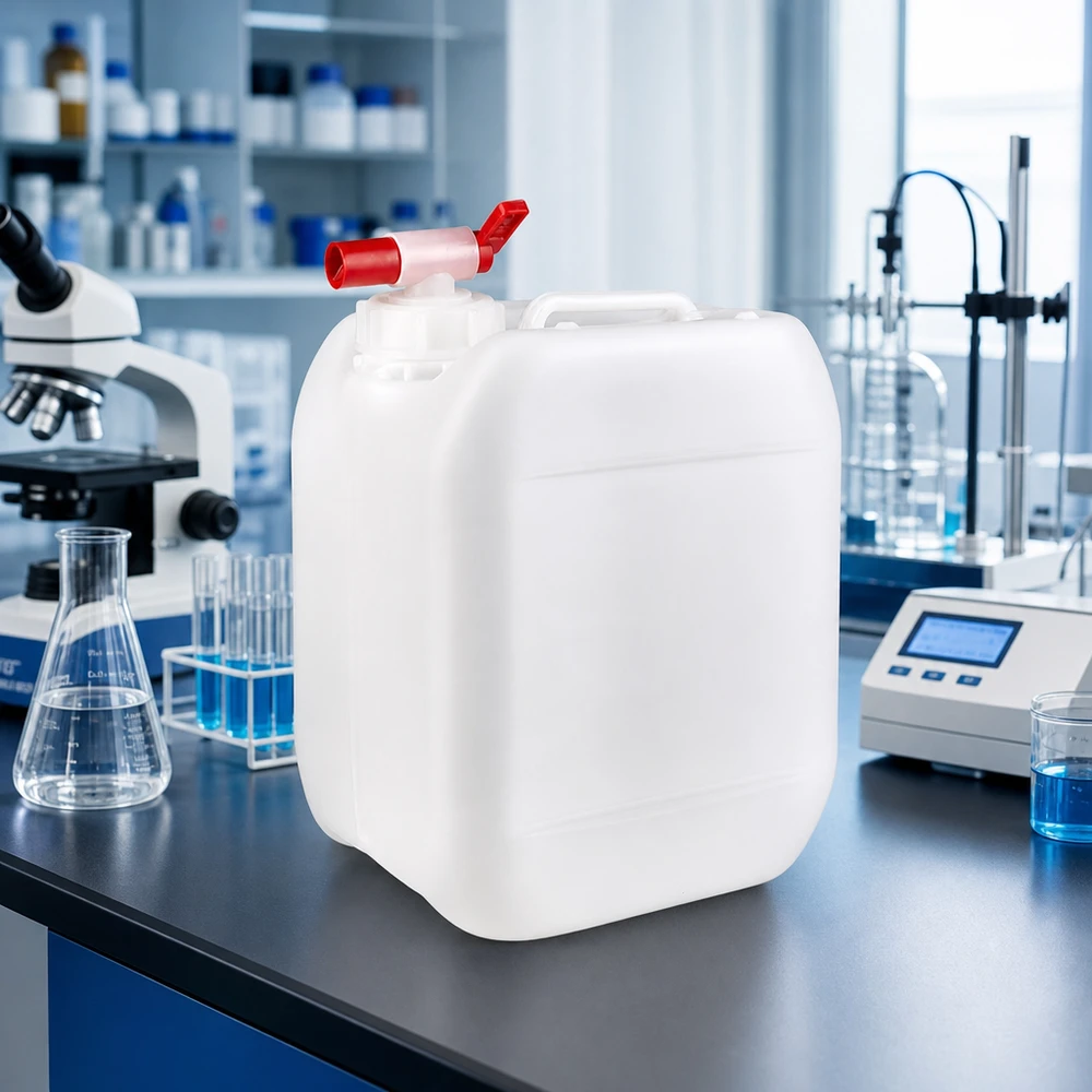Rektangulær 5-liters dunk med rødt tappehåndtag på laboratoriebordet ved siden af mikroskopet og Erlenmeyer-kolben