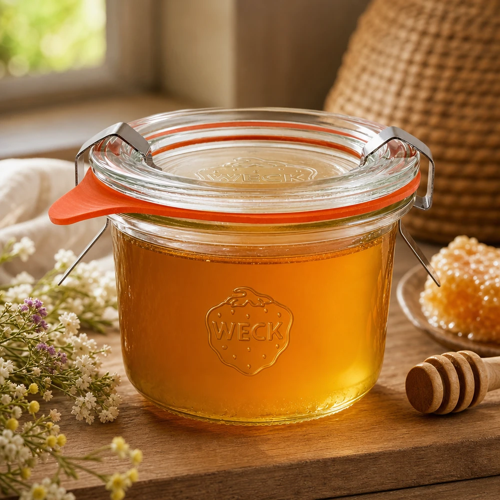 80 ml Briller komplet WECK RR60 WECK-bægre 80 ml RR60 fyldt med honning og honningske viser naturlig opbevaring af flydende produkter