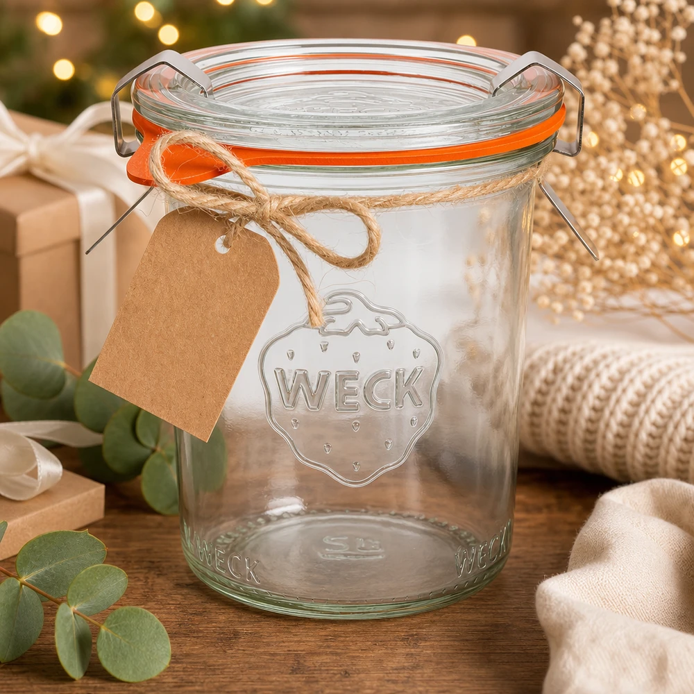160 ml Briller komplet WECK RR60 WECK 160 ml RR60-tumblere som en gaveidé dekoreret til jul med et kraftpapirmærke og jutebånd