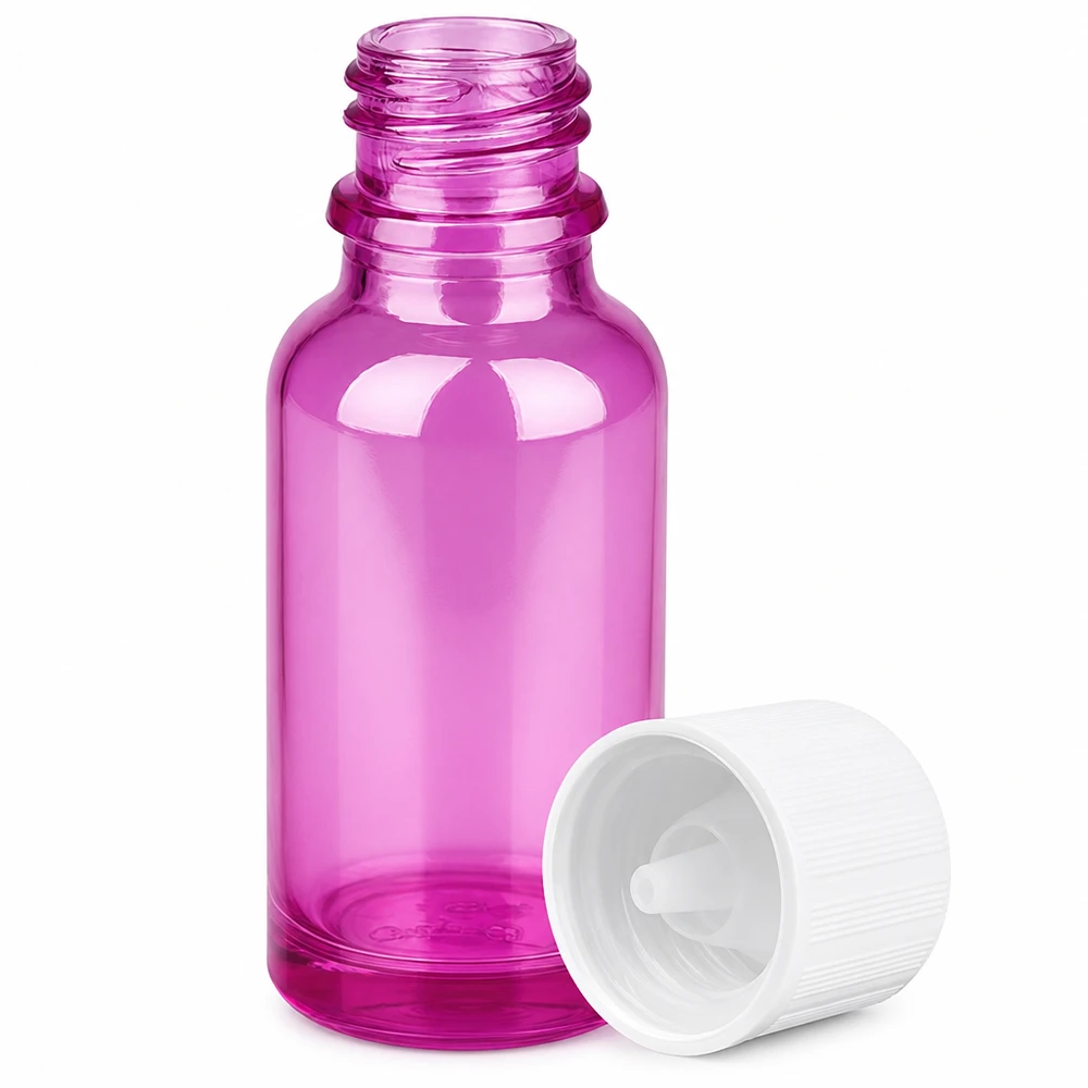 20 ml dråbeflaske 1,2 mm hvid standard børnesikret PurpleLine.UT18/20 Lille 20 ml violet glasdråbeflaske med praktisk dråbeindsats til æteriske olier