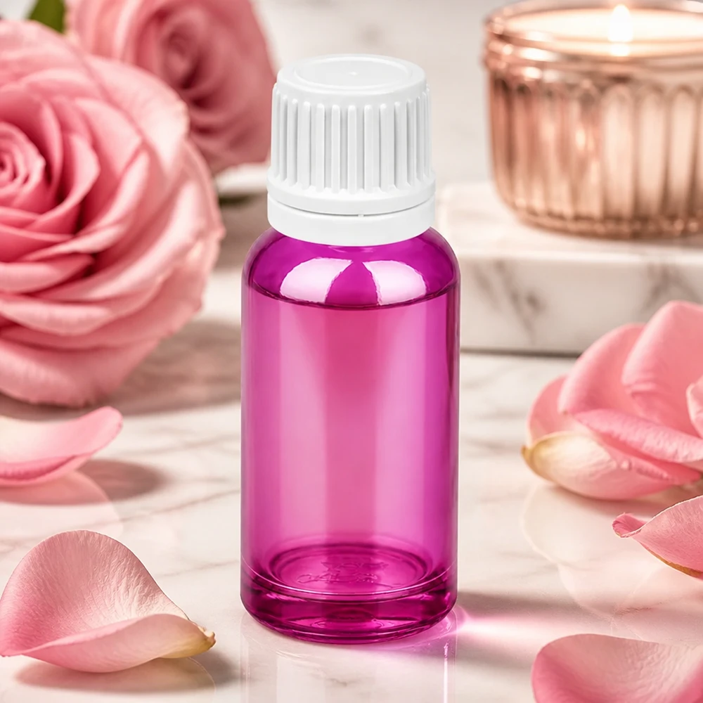 20 ml dråbeflaske 0,7 mm hvid Originality skruelåg PurpleLine UT18/20 PurpleLine dråbeflaske 20 ml med præcis 0,7 mm doseringsåbning til kosmetik og aromaterapi