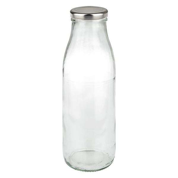 500 ml glasflaske + BasicSeal-låg sølv UNiTWIST. Absolut lækagesikker med stort TO48-låg. Til mælk, juice og limonade.