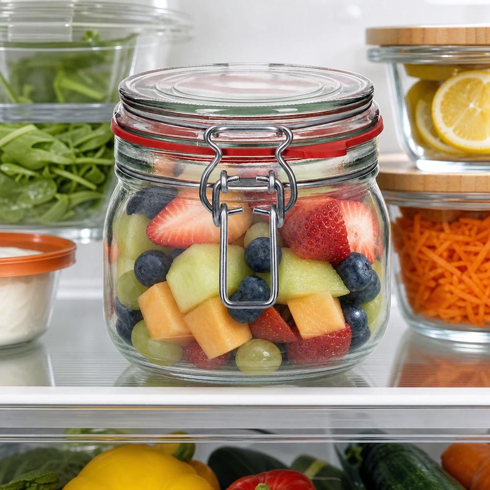 634 ml opbevaringsglas, type G, med bøjlelåg UN.. Stort opbevaringsglas på 634 ml med svingtop, perfekt til frugtsalat og frisk frugt
