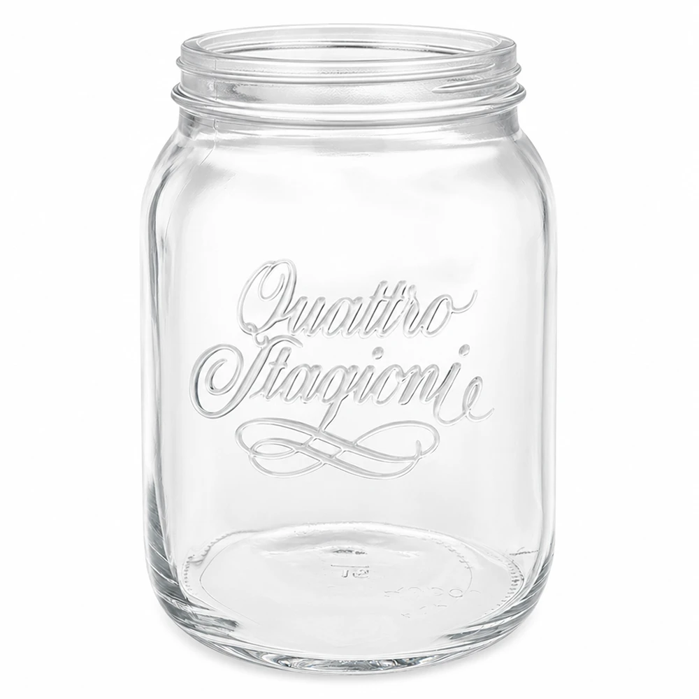 2000 ml husholdningsglas "Quattro Stagioni" Husholdningskrukke Quattro Stagioni 2000ml med logo Konservesglas transparent uden låg på hvid baggrund