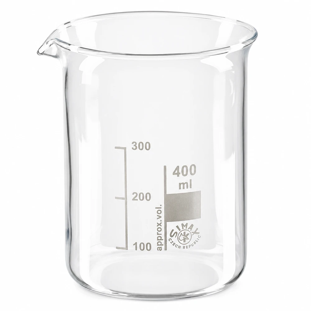 Bægerglas 400 ml borosilikatglas, lav form Præcist 400 ml laboratoriebæger fremstillet af varmebestandigt borosilikatglas med milliliterskala