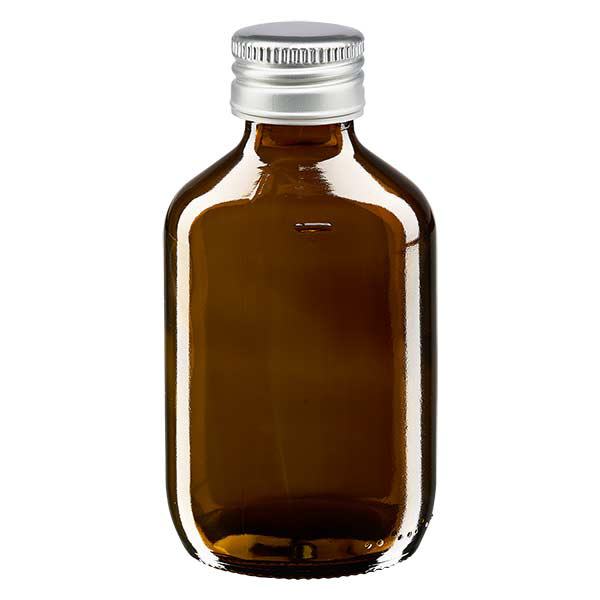 200 ml medicinflaske, brun, med hætte i sølvfarvet aluminium ApoGlas. Farmaceutisk kvalitet fra EU-produktion. 28 mm (PP28) gevind. (sirup, let glasflaske)