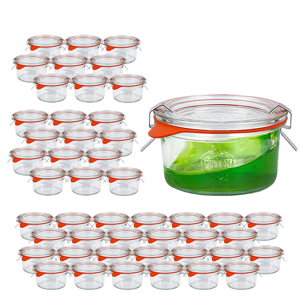 Sæt med 48 Weck-krukker 165 ml Briller med 48 glaslåg Sæt med 48 Weck-krukker 165 ml Briller med 48 glaslåg