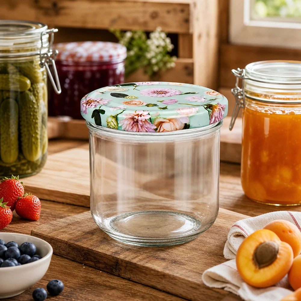 260 ml væltet glas + BasicSeal låg Blume mint UNiTWIST 260 ml murerbalje tom med BasicSeal blomsterlåg mynte mellem syltetøjsglas i rustikt køkken med frisk frugt