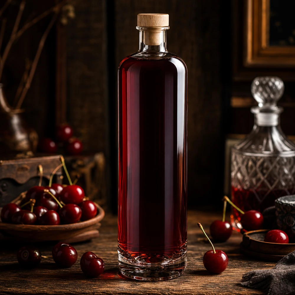 700 ml glasflaske Ella med træhåndtag og prop UNiTWIST® 700 ml glasflaske Ella fyldt med kirsebærlikør og træprop i en elegant destilleri-atmosfære med friske kirsebær