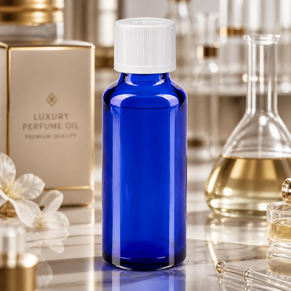 Apoteksflaske blå 30 ml skruelåg hvid KiSi St 30 ml laboratorieflaske af koboltblåt glas med hvid børnesikkerhedslås i laboratoriemiljø