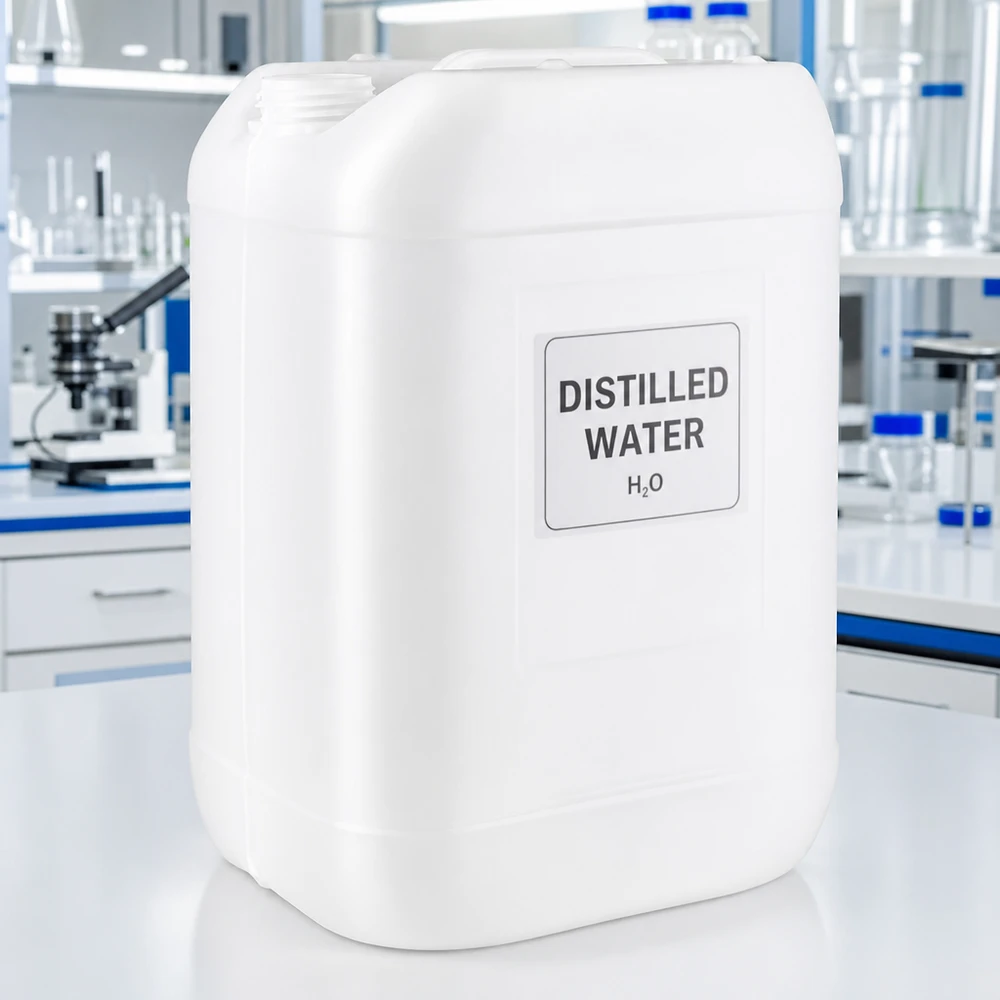 Destilleret vand i 25-liters hvid HDPE-beholder til laboratorier og industrien