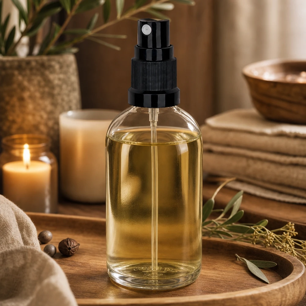 100 ml sprayflaske sort/tr. STD ClearLine UT18/100 Aromaterapi-sprayflaske, 100 ml, glas med gylden olie og sort forstøver – skaber en afslappende atmosfære