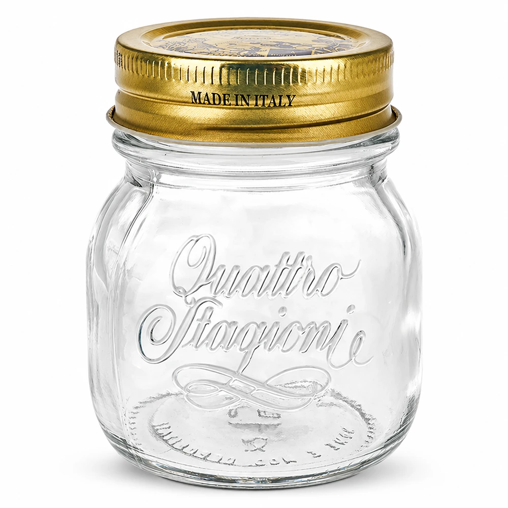 150 ml rundt glas "Quattro Stagioni" med låg 150 ml rund krukke Quattro Stagioni med gyldent låg Fremstillet i Italien til konservering og konserves.