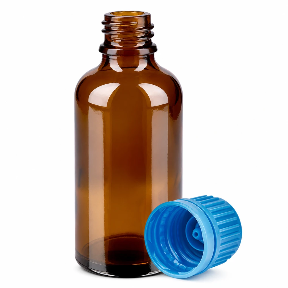 50 ml flaske 11 mm SV blå OV BrownLine UT18/50 Brun medicinflaske 50 ml med gevind og blå hætte fra BrownLine-serien