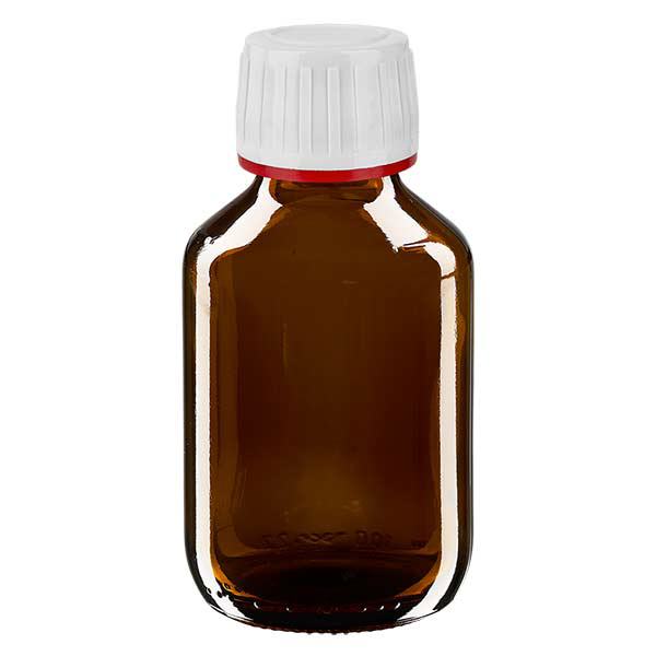 100 ml medicinflaske brun, hætte hvid med manipulationssikker ring rød ApoGlas. Farmaceutisk kvalitet fra EU-produktion. 28 mm (PP28) gevind. (sirup, lys glasflaske) 100 ml medicinflaske brun, hætte hvid med manipulationssikker ring rød ApoGlas. Farmaceutisk kvalitet fra EU-produktion. 28 mm (PP28) gevind. (sirup, lys glasflaske)