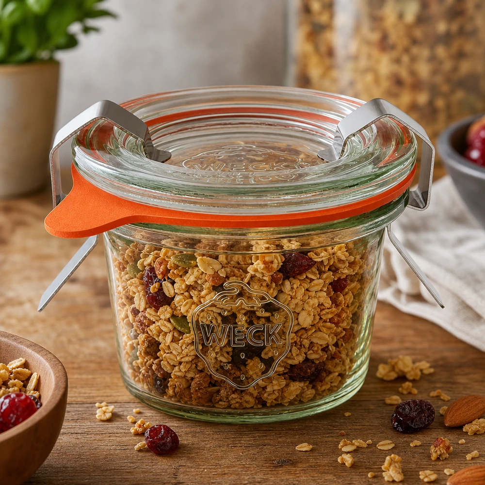 35 ml Briller komplet WECK RR40 WECK 35 ml RR40 murerbalje fyldt med müsli og tørret frugt viser alsidig brug som opbevaringskrukke