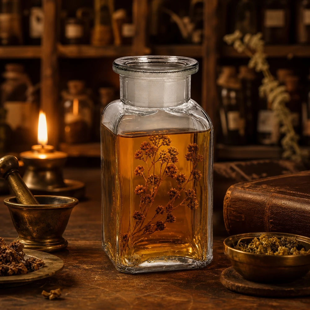 Firkantet flaske 100 ml klar glasprop med bred hals Apotekerflaske, 100 ml, bredhalset, firkantet, gennemsigtig, med urteekstrakt i historisk apoteksmiljø