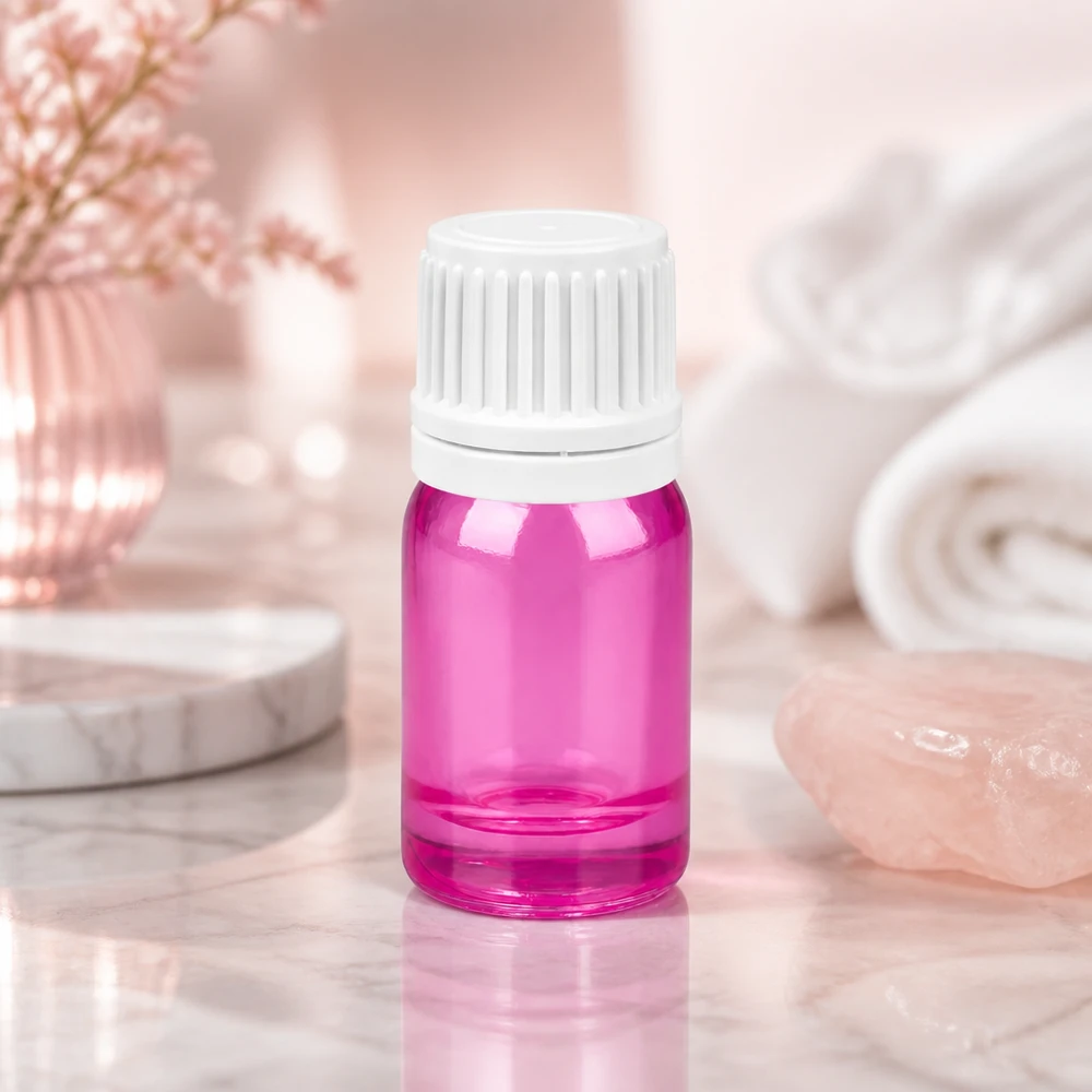 5ml flaske 11mm skruelåg hvid Originality skruelåg PurpleLine UT18/5 Elegant 5 ml glasflaske i lys violet med hvid hætte til hudplejeprodukter