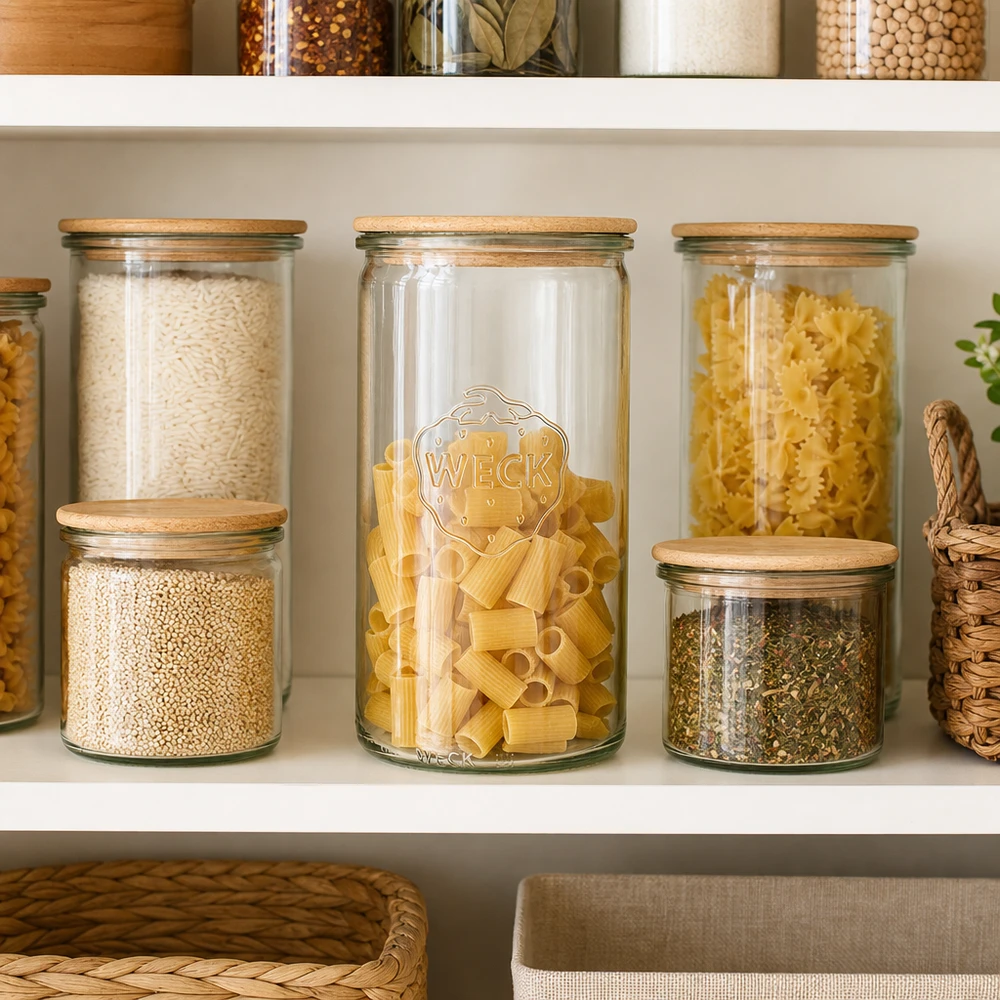 1590 ml cylinderglas WECK RR100 med trælåg WECK cylinderkrukke 1590 ml RR100 med trælåg som køkkenorganisator til pasta, ris og krydderier i spisekammeret