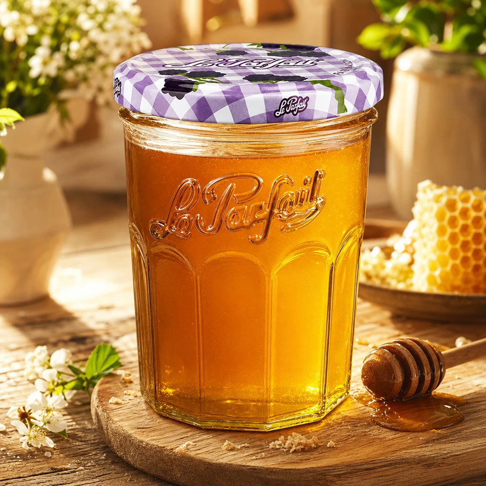 Le Parfait® Jam 385 ml Ø82 mm syltetøjsglas Le Parfait-glas 385 ml fyldt med honning ved siden af honningkage og honningske på træplade i en varm atmosfære