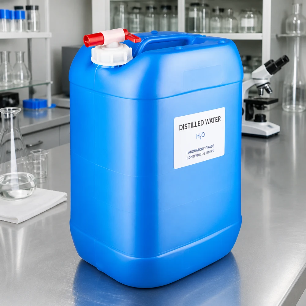 25 liters blå dunk med taphane Robust 25-liters dunk i blå med praktisk udløbshane til laboratoriebrug