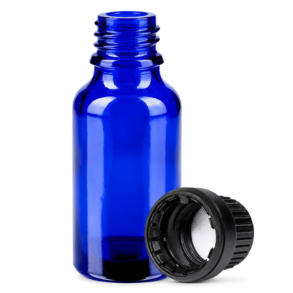 Koboltblå 20 ml glasflaske med tråd og sort hætte til aromaterapi