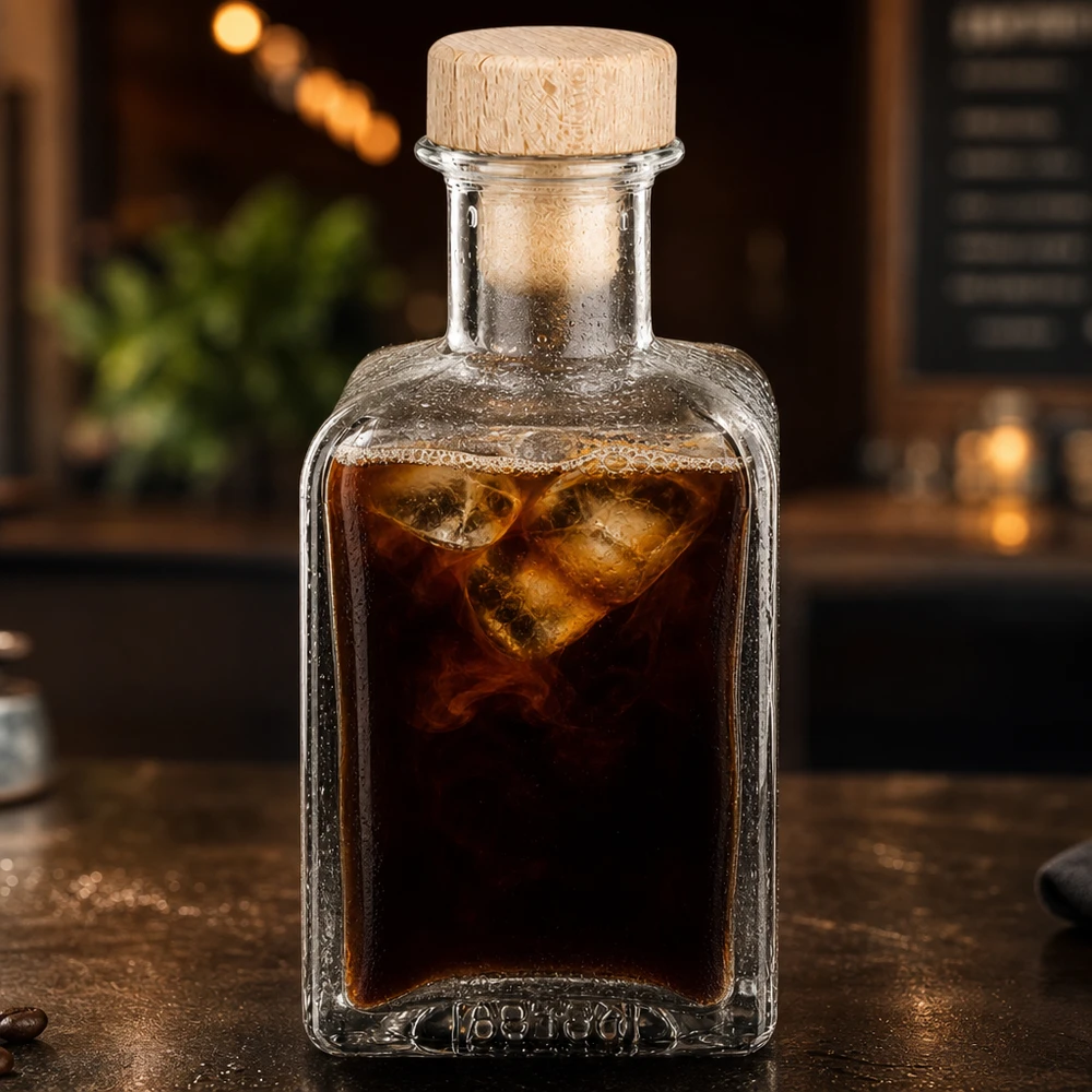 200 ml apoteksflaske »Clara« med træhåndtag og prop UNiTWIST® 200 ml glasflaske Clara fyldt med isterninger af koldbrygget kaffe træprop stemningsfuld belysning caféstemning