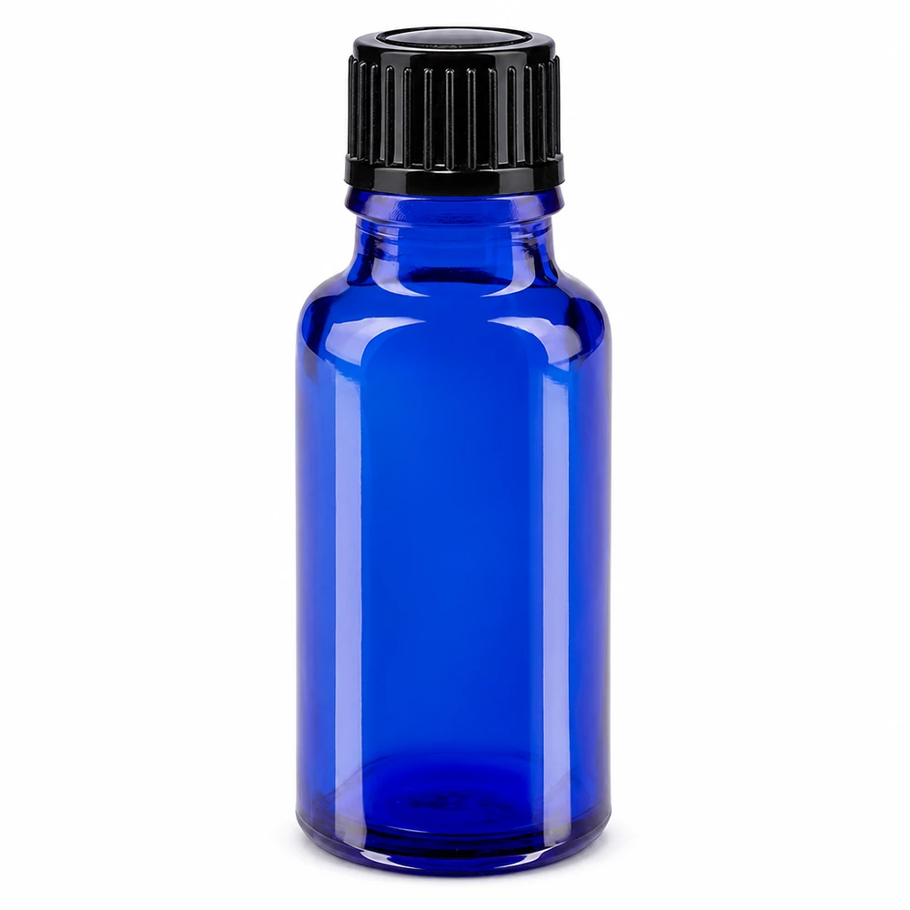 20 ml blå apotekerflaske af glas med sort skruelåg, 11 mm standard