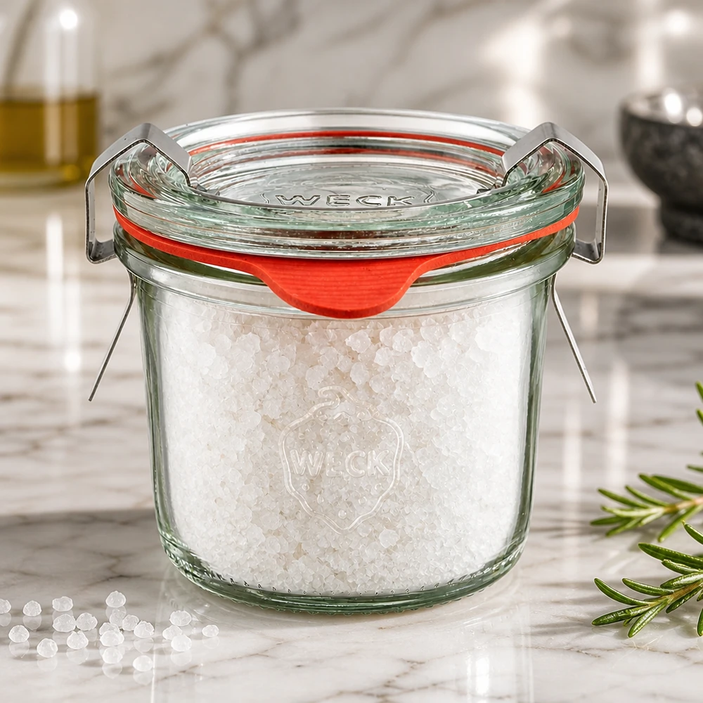 Idé til krydderikrukke: Briller mini mason jar 80 ml WECK-glas 80 ml fyldt med groft havsalt på hvid marmor med en rosmarinkvist